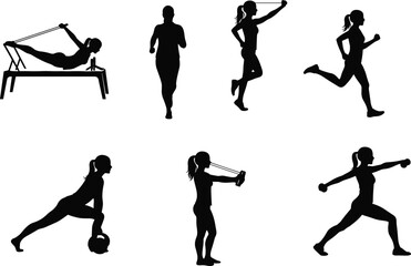 Silhouette women performing fitness exercises with resistance bands, running, pilates, kettlebell, and workout training poses, gym activity vector illustration.
