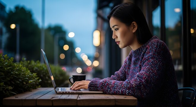 Young Asian Woman Working on Laptop in Modern Office, Focused and Productive