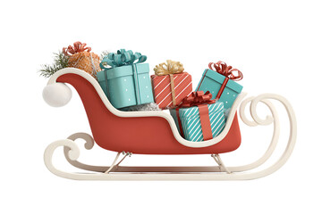 Santas red sleigh full of colorful gift boxes isolated on transparent background © Asad
