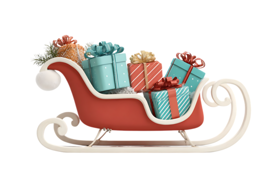 Santas red sleigh full of colorful gift boxes isolated on transparent background