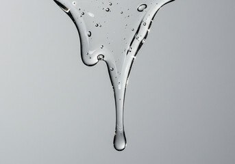 Viscous clear liquid dripping with tiny air bubbles creating a smooth, elegant texture perfect for beauty and science applications