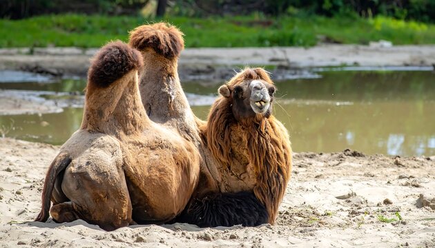 Two Bactrian camels rest on the sandy bank of a placid body of water, showcasing their distinctive double humps and shaggy coats.