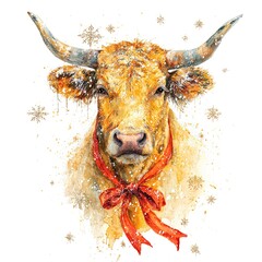 Watercolor Taurus sign with strong golden bull in soft tones
