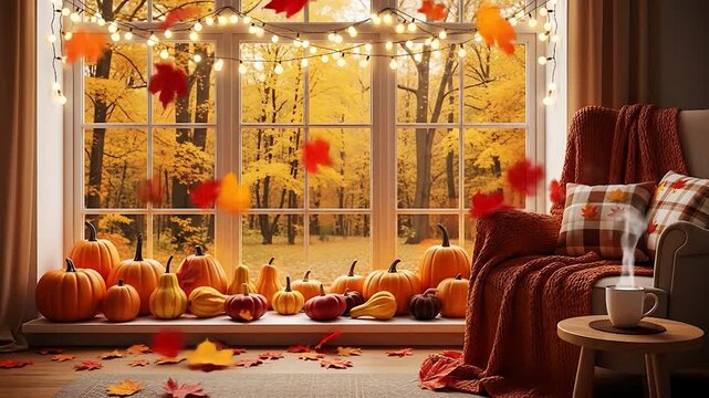 Cozy Autumn Window Scene: Pumpkins, Falling Leaves, Warm Lights, and Relaxing Atmosphere