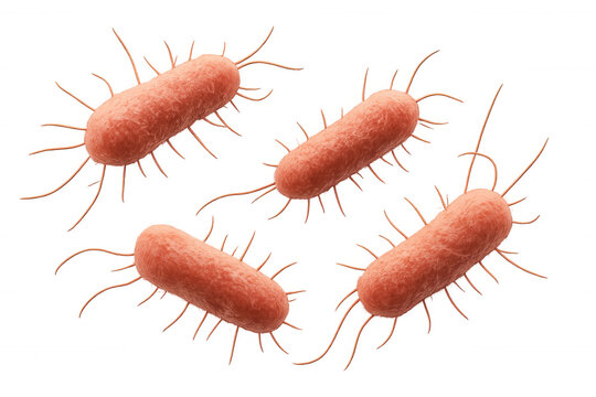 Numerous salmonella bacteria or e. Coli microorganisms with flagella and pili on transparent background, infection concept