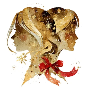 Golden Gemini zodiac twins with festive ribbon and snowflakes