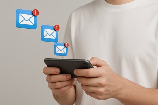 Man holding smartphone with floating email icons and notification alerts representing new messages, inbox and online communication
