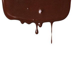 Melted chocolate drops dripping down on a transparent background. Smooth brown liquid with glossy texture, delicious dessert concept