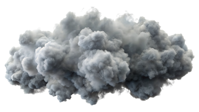 A fluffy gray cloud isolated on transparent background, resembling a storm cloud, floating in the air, casting a shadow, and creating a sense of foreboding