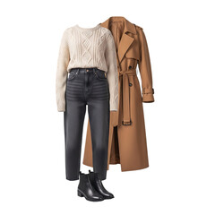Women s casual outfit with sweater jeans and trench coat isolated on transparent background