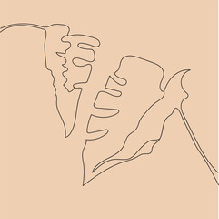 Minimalist single line drawing of two monstera leaves overlapping on a soft beige background