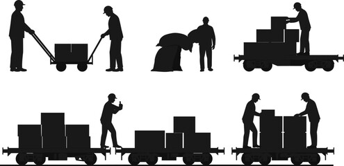 rail, cart, worker, silhouette, logistics, warehouse, cargo, box, sack, teamwork, safety, industry, occupation, labor, vector, illustration, profession, transportation, distribution, handling, loading