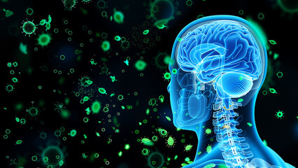 Blue human brain surrounded by green glowing microorganisms head anatomy