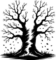 Silhouette of Trees with Falling Leaves Against White Background