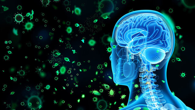Blue human brain surrounded by green glowing microorganisms head anatomy