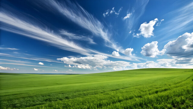 Vast green rolling hills under a dramatic blue sky with wispy clouds green field landscape