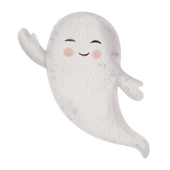 Cute ghost flying with happy smile. Hand drawn Watercolor Children's scary character isolated on a background. Halloween spirit, October holiday mood. For kids party invitations, spooky decorations