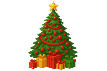 Christmas tree with star, red ornaments, garland and vibrant gift boxes, celebrating winter holidays
