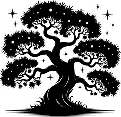 A striking silhouette of a fantasy bonsai tree with celestial sparkles