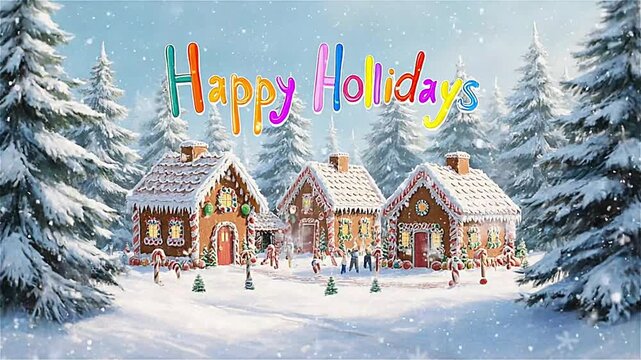 Winter wonderland village with gingerbread houses during Christmas season