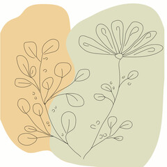 Minimalist line art botanical illustration of delicate flowers and leaves on abstract pastel background