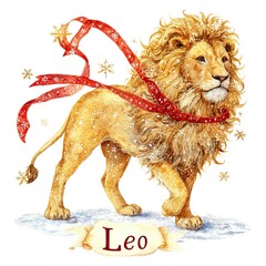 Zodiac Leo golden lion design with ribbon and snowflakes