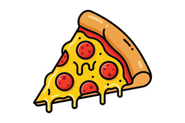 Vector art of a cartoon slice of pizza, featuring melted cheese, pepperoni, and a thick crust, perfect for illustrating fast food or italian cuisine concepts