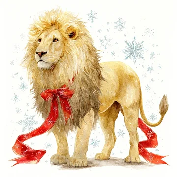 Golden Leo zodiac lion with festive ribbon and snowflakes