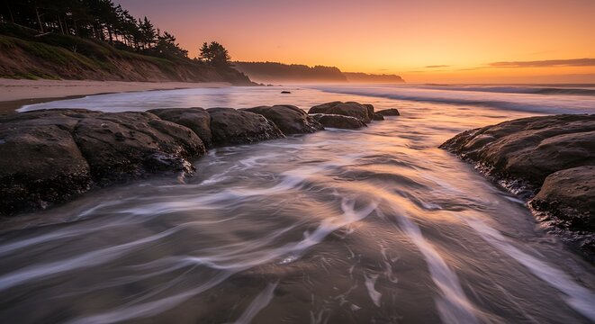 Coastal sunset scene ocean waves rocky shoreline and golden sky - Powered by Adobe