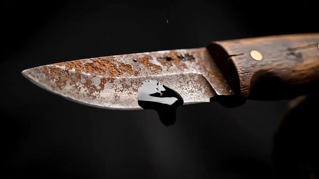 Close-up of a rusty knife blade with a drop of dark liquid falling off the tip against a dark background