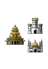 Flat Cartoon World Architecture Landmark Buildings Icons Set