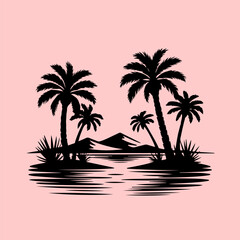 Tropical island paradise vector illustration showcasing silhouetted palm trees, water reflections, and distant mountains