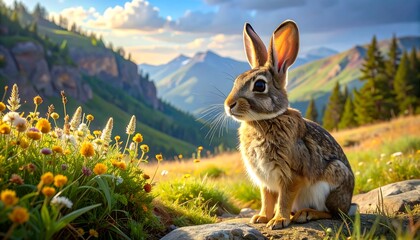 A serene mountain meadow scene showcases a watchful rabbit amidst vibrant wildflowers and a backdrop of majestic peaks.