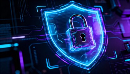 Cyber padlock in digital shield hologram, glowing security interface, dark high-tech background