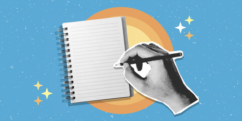 Retro halftone pop art collage with hand writing down with pen, paper scrap elements, and grunge abstract elements.