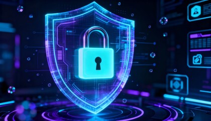 Cyber padlock in digital shield hologram, glowing security interface, dark high-tech background