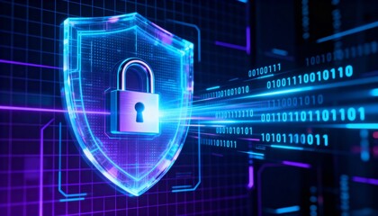 Cyber padlock in digital shield hologram, glowing security interface, dark high-tech background