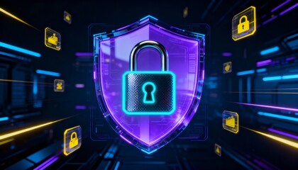 Cyber padlock in digital shield hologram, glowing security interface, dark high-tech background