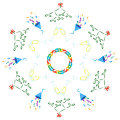 New Years Festive Party Celebration Round Motif with Confetti and Champagne on Transparent Background