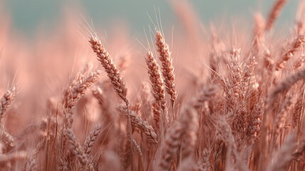Fototapeta premium A clear photo of wheat fields with a blue sky in the background and focused wheat grains in the foreground