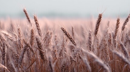 Fototapeta premium A grass field bathed in sunlight, with a hazy image of the blades in the foreground against a clear blue sky