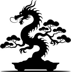 Silhouette of a mystical dragon entwined with a beautifully sculpted bonsai tree