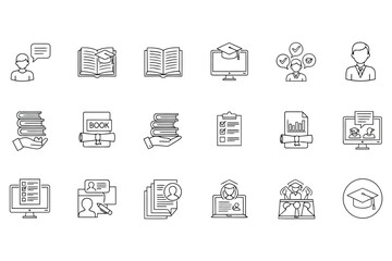 Vector art of collection of education icons in line art style, including books, online learning, and academic achievement, perfect for educational content