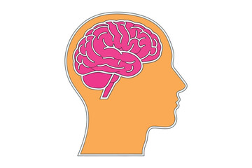 Illustration of a human head with a pink brain inside, symbolizes intelligence, thought, and cognitive function for educational or medical content