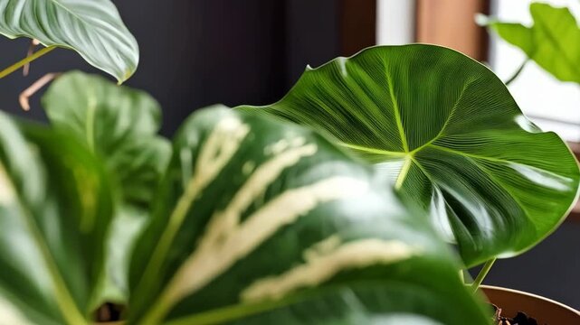 Close-up of vibrant, variegated Philodendron Giganteum plant with large green and white leaves creating a natural, botanical aesthetic.