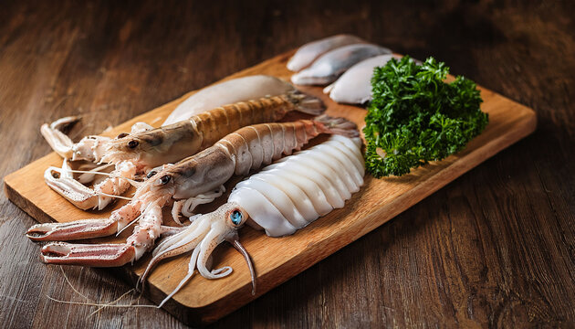 Raw Squid Mantis Shrimp Seafood Platter Wooden Board