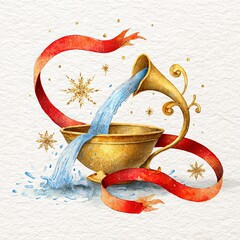 Watercolor Aquarius sign with flowing water in pastel tones