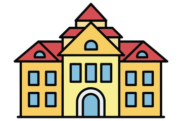 Illustration of a school building with a red roof the building has a yellow facade and blue windows, creating a colorful and inviting design