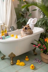 A cute brown rabbit relaxes in a vintage bathtub filled with bubbles. The rabbit wears sunglasses and a towel on its head. Rubber ducks and colorful towels are nearby.