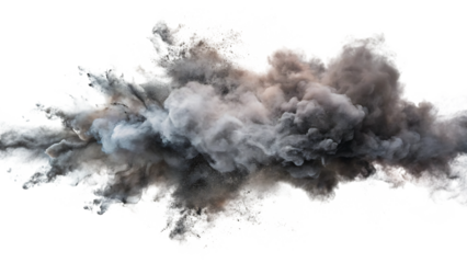 An explosion of gray and black smoke isolated on transparent background creates a dramatic and impactful visual representation of power